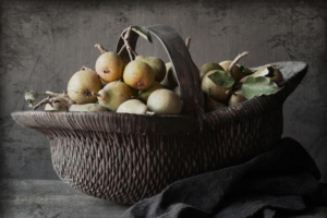 Keukenpaneel mand met peren | Benard's Woonaccessoires | speciaal gemaakt voor achter de kookplaat