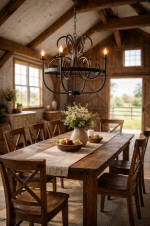 Landelijke 4-armige kroonluchter boven robuuste houten eettafel in sfeervolle landelijke eetkamer